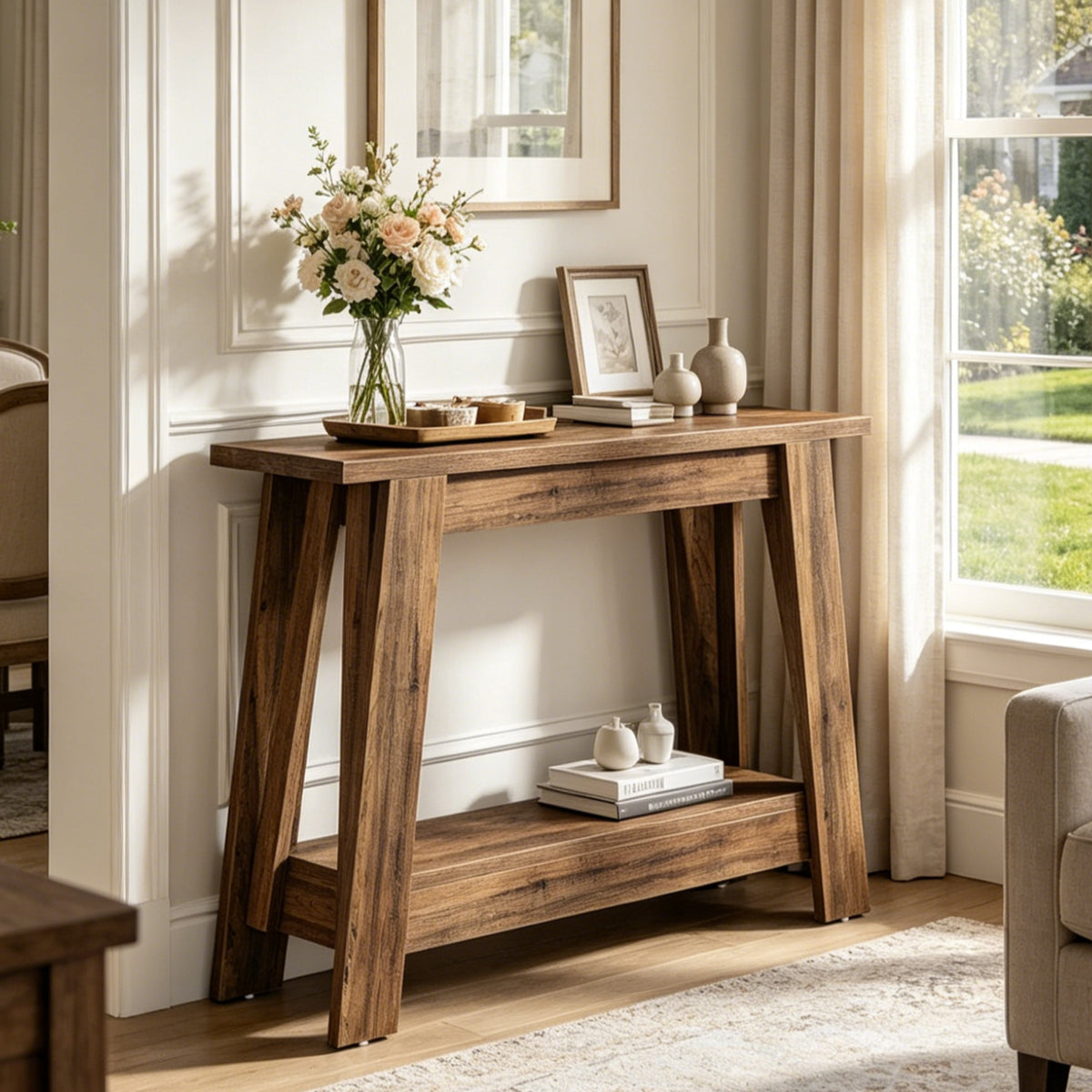 Fnova 41.3-Inch Farmhouse Console Table, 2-Tier Wooden Entryway Table with Storage Shelf, Wood Sofa Table for Living Room, Hallway, Foyer,WM010352_DBN_US