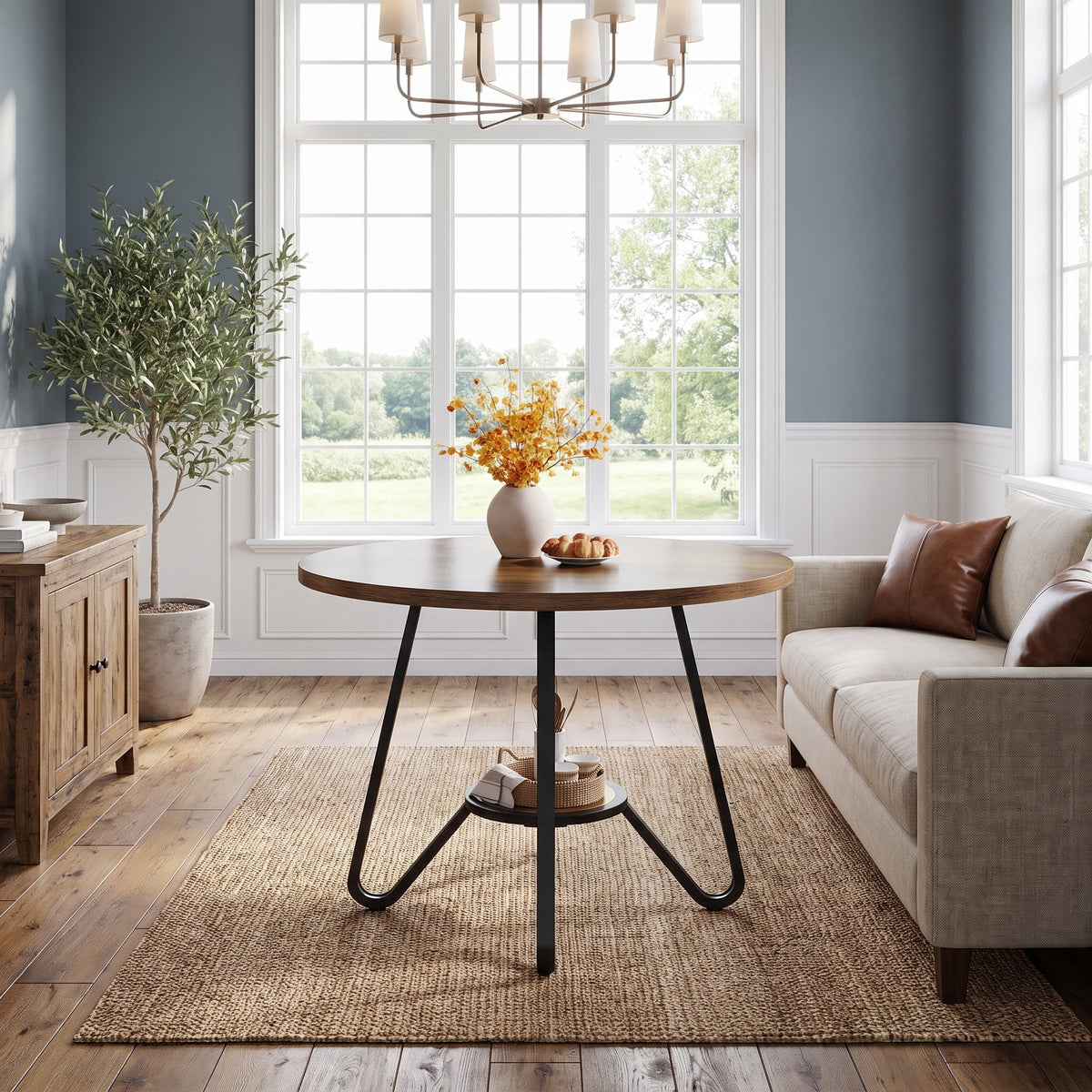 Fnova 31.5-Inch Round Dining Table for 2 People, Small Kitchen Table with Double Storage Shelves, Industrial Dinner Table for Dining Room, Kitchen, Small Spaces, Apartment, Home Office,WM010471_BN_US