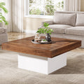 Fnova 36" Farmhouse Coffee Table with LED Lights, Wood Square Coffee Table for Living Room, Brown and White,Brown and White