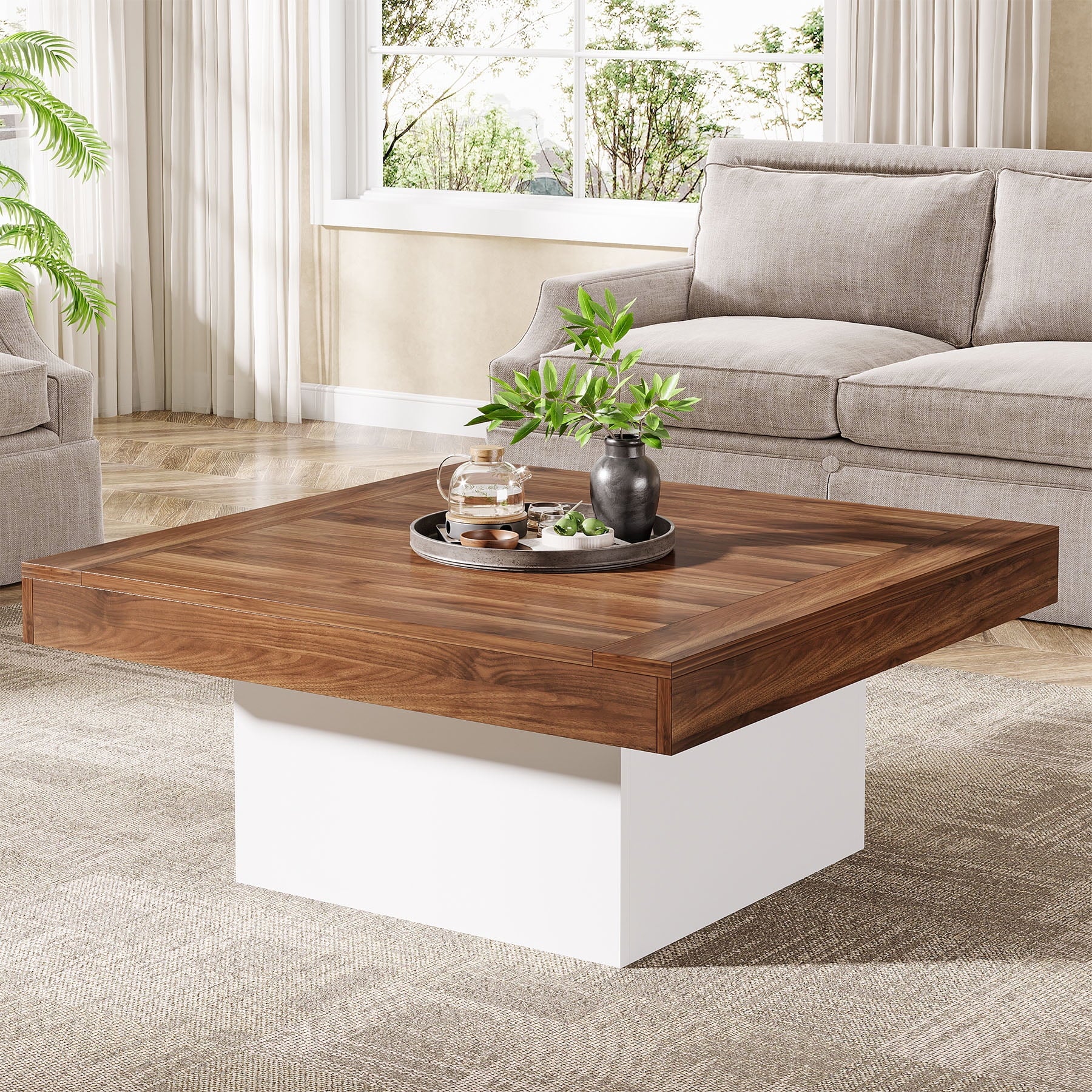 Fnova 36" Farmhouse Coffee Table with LED Lights, Wood Square Coffee Table for Living Room, Brown and White,Brown and White