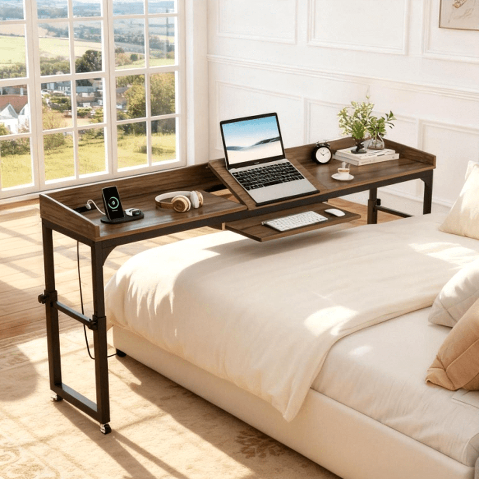 Fnova Overbed Table with Wheels, Height Adjustable Rolling Desk with Power Outlets & USB Ports, Tiltable Stand, for Queen Bed, Laptop Computer, Portable Hospital Home Use,0