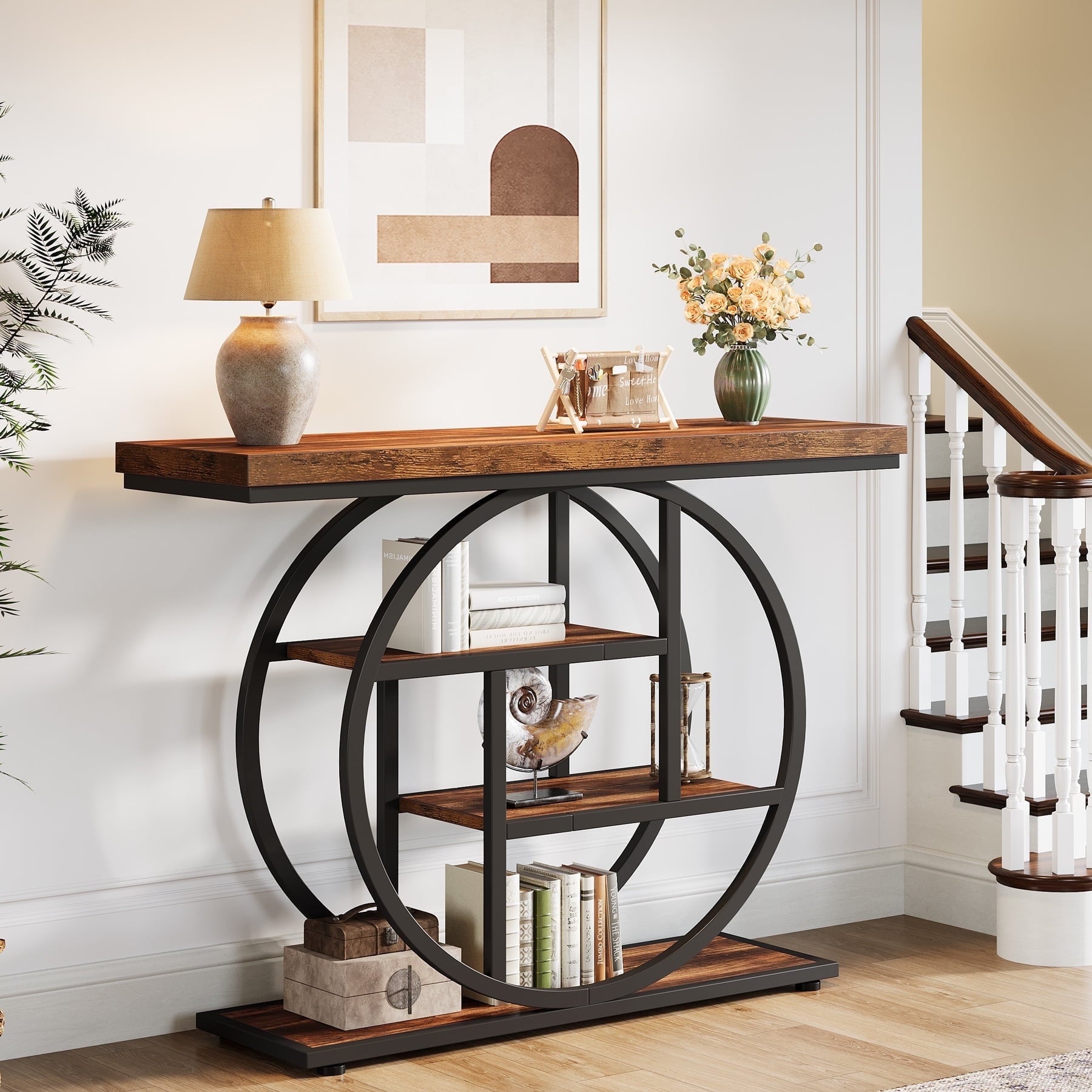 Fnova Console Table, Entryway Table with 4-Tier Storage Shelves, 42" Wood Modern Narrow Long Side Table, , Sofa Table, Accent Table for Living Room, Entryway, Hallway, Dark Brown and Black,Dark Brown and Black