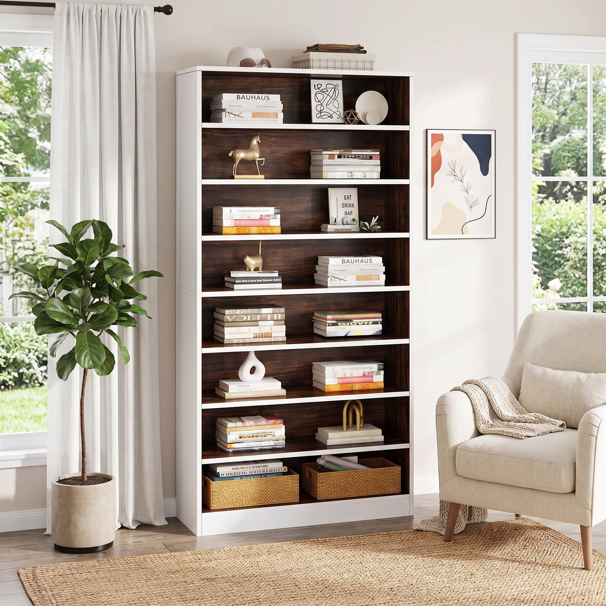Fnova 70.87-InchH Tall Storage Shelf, Modern Freestanding Wooden Bookshelf with 8 Adjustable Shelves, Large Open Bookcase Display Organizer for Living Room, Bedroom, Home Office, Black,WM010539_WBN_US