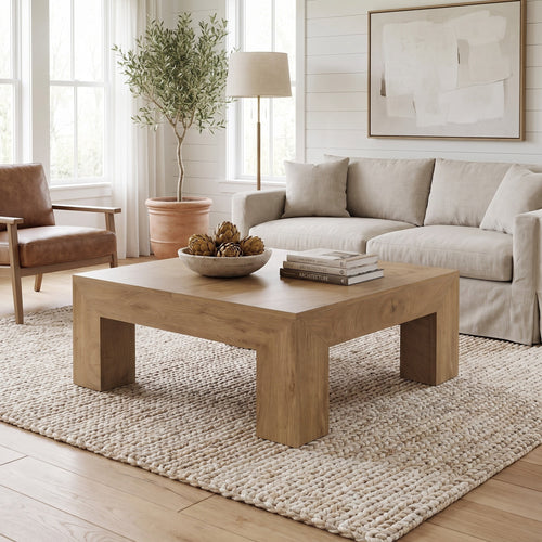 Fnova 39.4-Inch Square Coffee Table, Farmhouse Wood Accent Center Cocktail Table with Sturdy Wooden Legs for Living Room, Easy Assembly,WM010258_LBN_Tables