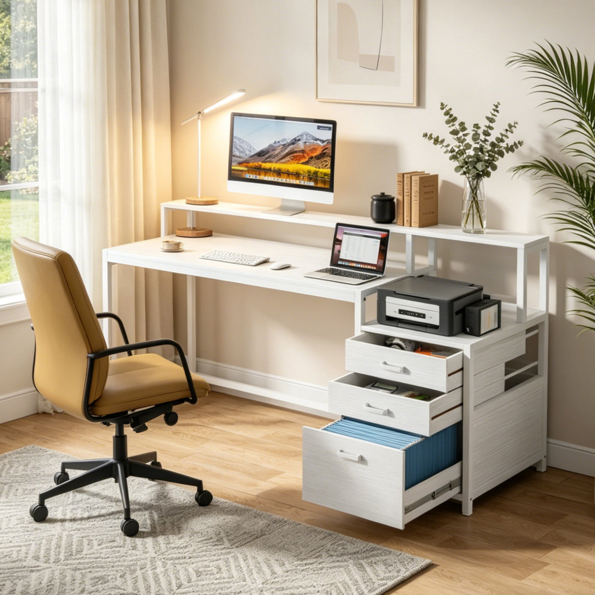 Fnova 63-Inch Computer Desk, Home Office Desk with File Drawer & Monitor Stand, Industrial Workstation Desk, Dual-Tier Desktop with Adjustable Drawer & Storage, for Home Office, Study & Workspace,WM010438_W_US