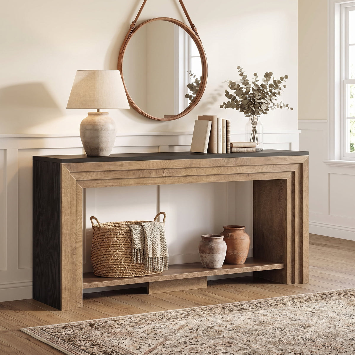 Fnova 70.9 Inch Long Farmhouse Narrow Console Table with 2-Tier Storage, Behind Sofa Table, Entryway Hallway Foyer Table for Living Room, Home Office,WM010958_BN_US