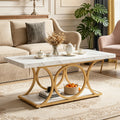 Fnova 47.24" Rectangular Coffee Table, Modern 2-Tier Imitation Marble Wood Coffee Tables with Storage Shelf for Living Room, Geometric Metal Legs, Easy Assembly,White