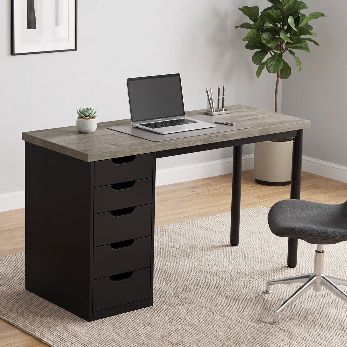 Fnova 47.24-Inch Computer Desk with 5 Drawers, Reversible File Cabinet, Writing Workstation for Home Office Bedroom Study Makeup Vanity Desk Furniture,WM010404C_GB_US