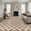 Fnova Checkered Area Rug, 9' x 12' Machine Washable Non Slip Rug for Living Room Bedroom Kitchen, Kid and Pet Friendly Low Pile Indoor Carpet,Brown & Beige,9' x 12'