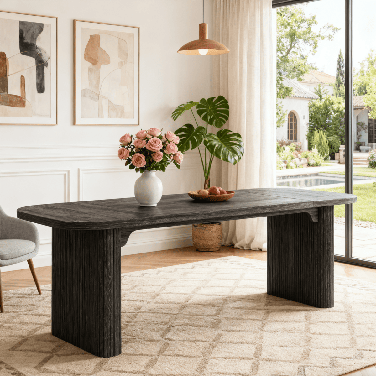 Fnova 62-Inch Dining Table For 4-6, Rectangular Wood Dinner Table With Double Pedestal, Farmhouse Kitchen Table For Dining Room, Living Room, Easy Assembly,WM010297_B_Tables
