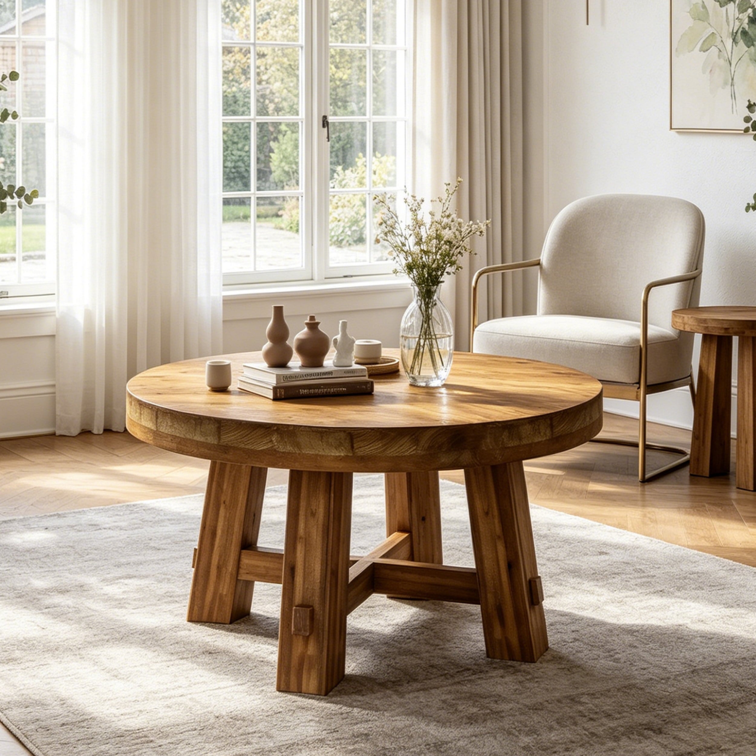 Fnova 31.5 Inch Solid Wood Round Coffee Table, Farmhouse Circle Center Table with Thick Top & Sturdy Legs, Accent Tea Table for Lounge, Living Room, Dark Brown,Dark Brown