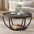 Fnova Coffee Table with 2 - Tier Storage, 32" Round Wood Coffee Table with Metal Legs, Modern Rustic Style Center Table for Living Room, Dark Gray and Black,Dark Gray and Black