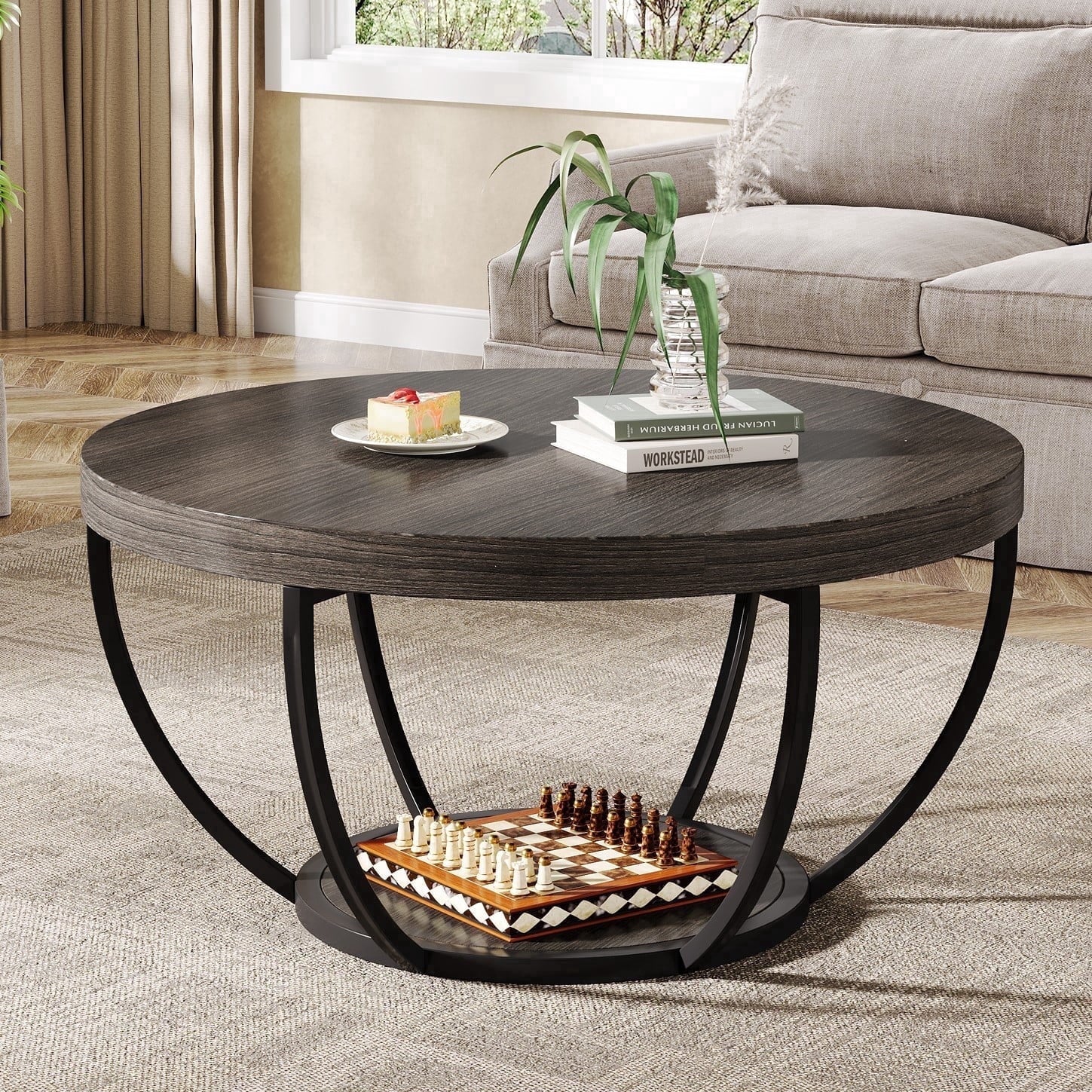 Fnova Coffee Table with 2 - Tier Storage, 32" Round Wood Coffee Table with Metal Legs, Modern Rustic Style Center Table for Living Room, Dark Gray and Black,Dark Gray and Black