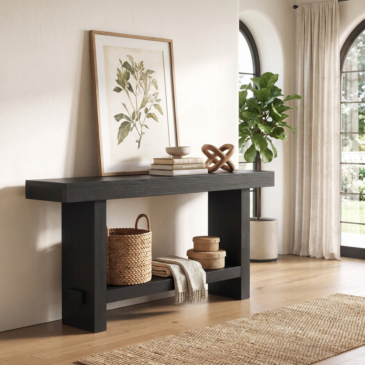 Fnova 63 Inch Solid Wood Console Table, Farmhouse 2-Tier Sofa Table Behind Couch with Storage Shelf for Living Room, Hallway, Foyer,WM010980_B_US