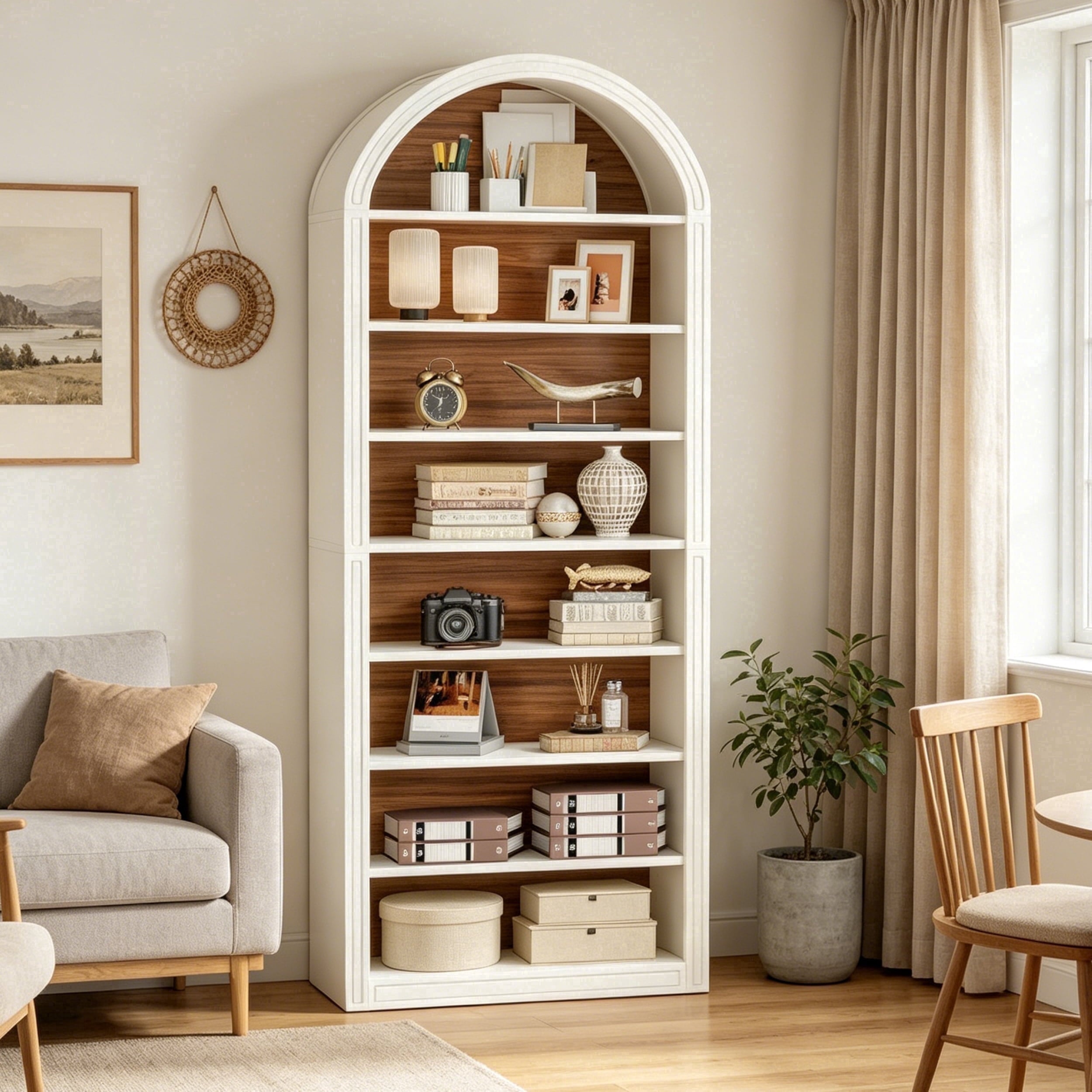 Fnova 78" Bookshelf, Farmhouse Tall 8-Tier Arched Bookcase, Wood Display Shelf Book Shelf Organizer for Living Room, Bedroom, Entryway,White Brown,8-Tier