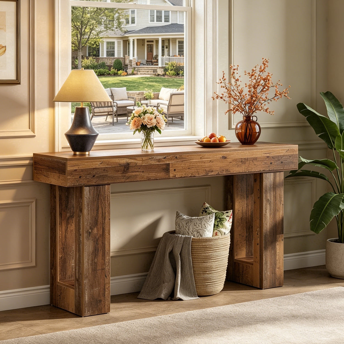 Fnova 63-Inch Long Console Table, 2-Tier Wooden Narrow Rectangular Sofa Table Behind Couch, Farmhouse Entryway Table for Entrance, Hallway, Living Room,WM010302M_BN_US
