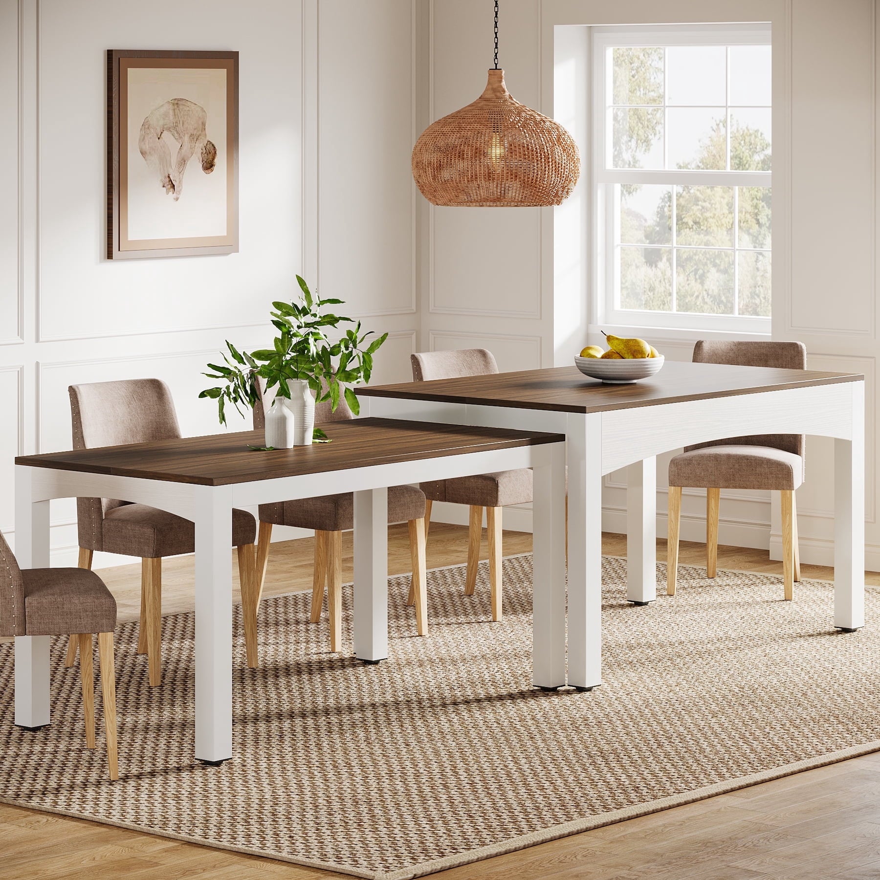 Fnova Extendable Dining Table, 47-Inch-94-Inch Farmhouse Split Table with Under Storage, Kitchen Table for 2-10 People, Computer Desk/Conference Table for Home Office, Dining Room, Living Room, Easy Assembly,WM010296_BNW_Tables