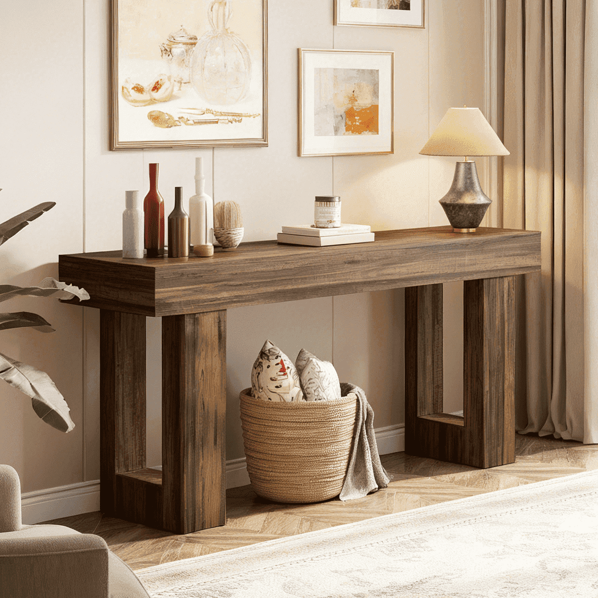 Fnova 63" Long Console Table, 2-Tier Wooden Narrow Rectangular Sofa Table Behind Couch, Farmhouse Entryway Table for Entrance, Hallway, Living Room,Dark Brown