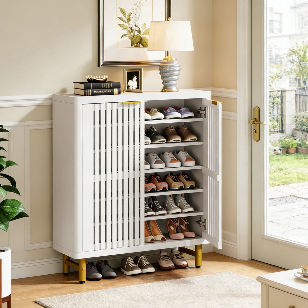 Fnova 6-Tier Farmhouse Cabinet with Adjustable Shelves, Side Cabinet & Shoe Storage, Shutter Doors, Wood & Metal, for Entryway, Hallway, Living Room, Bathroom,WM011307_W_Cabinet
