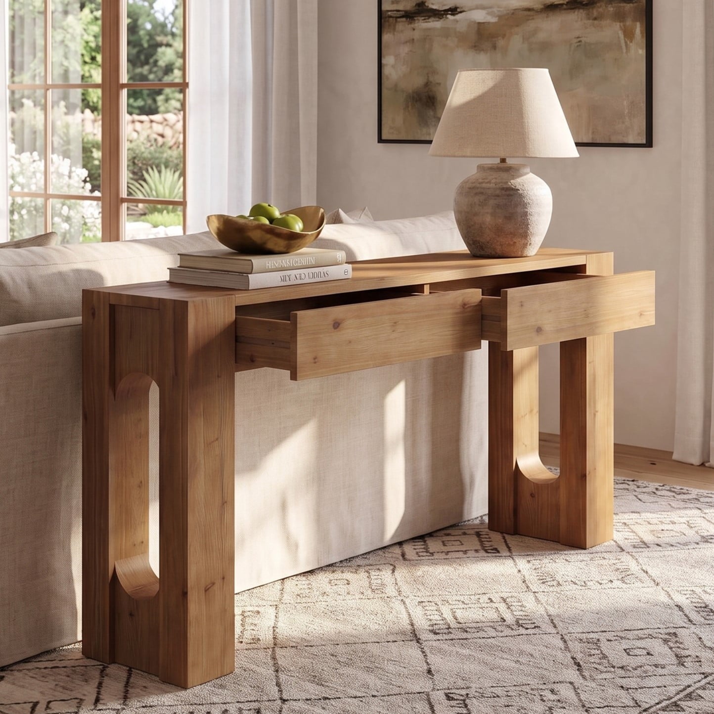 Fnova 63-Inch Solid Wood Console Table with 2 Drawers, Rustic Farmhouse Entryway Table, Thick U-Shaped Leg Narrow Sofa Table, Accent Storage Hallway Foyer Table for Living Room Home Decor,WM010337_BN_US