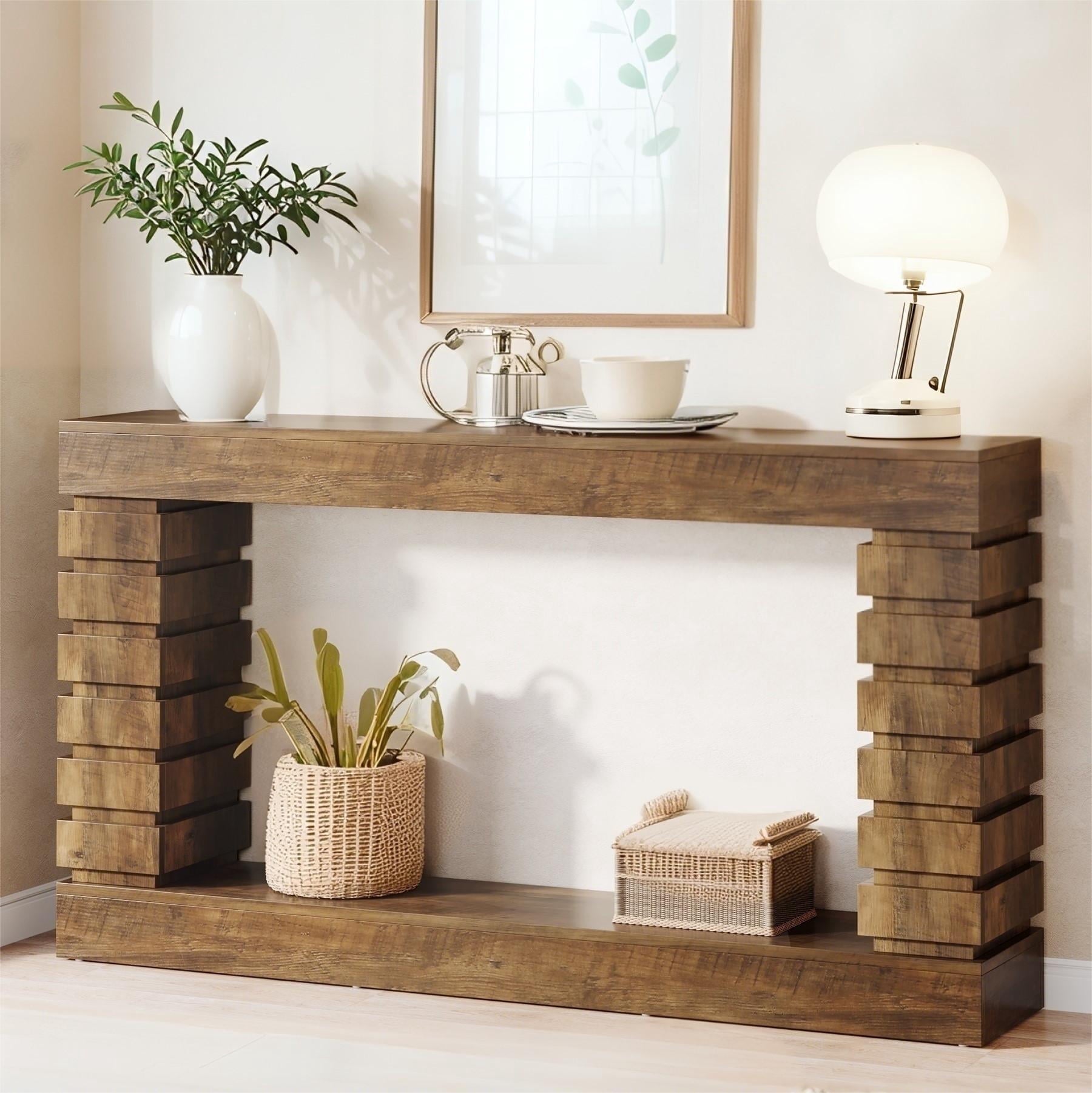 Fnova 70.87-Inch Farmhouse Console Table for Entryway, 2-Tier Storage Long Narrow Wood Entryway Table, Easy Assembly, Brown,WM010222C_BN_Tables