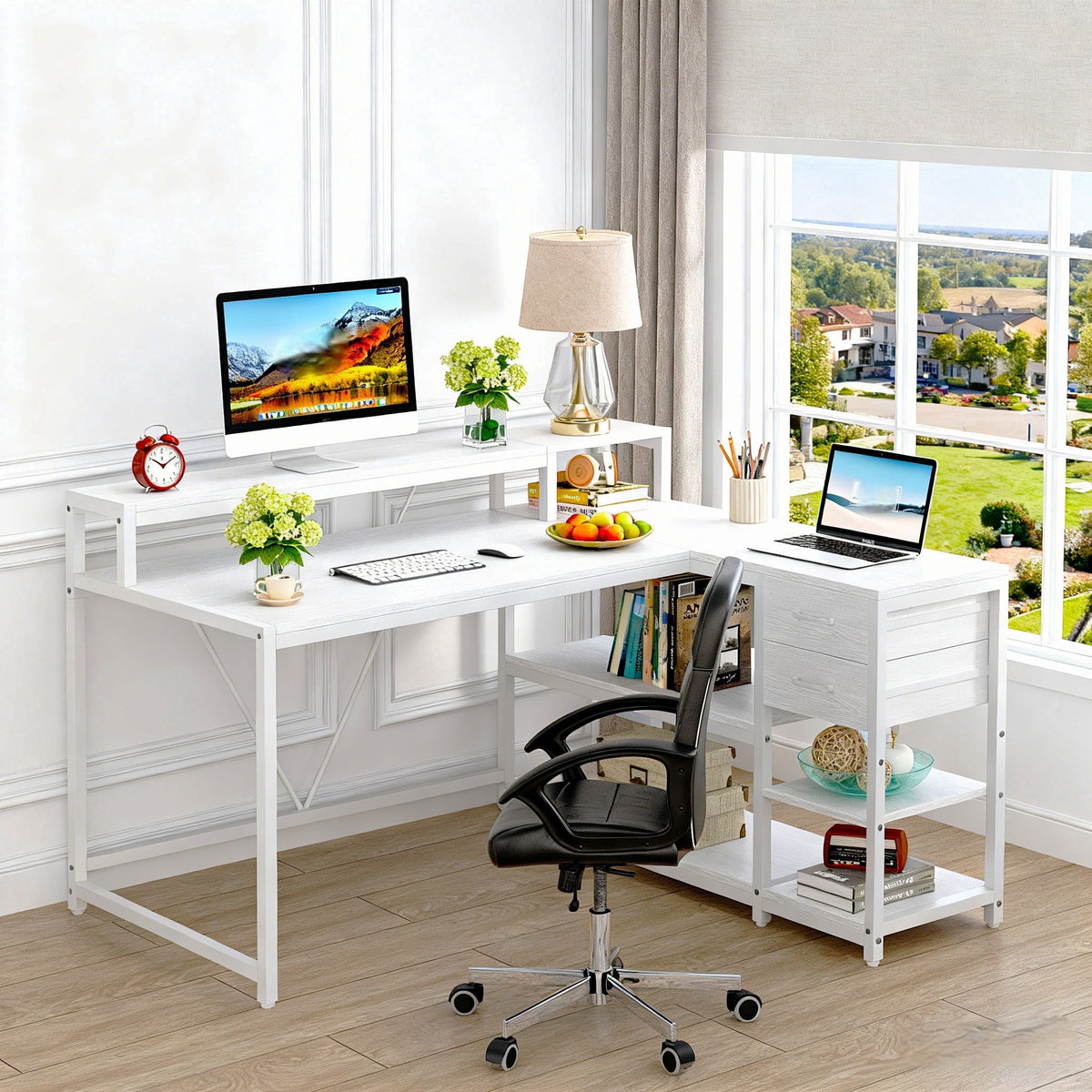Fnova 55-Inch Desk with Drawer, Modern Reversible L Shaped Table, Corner Computer Desk with Storage Shelves and Monitor Stand for Home Office,WM010402M_JW0612_US2