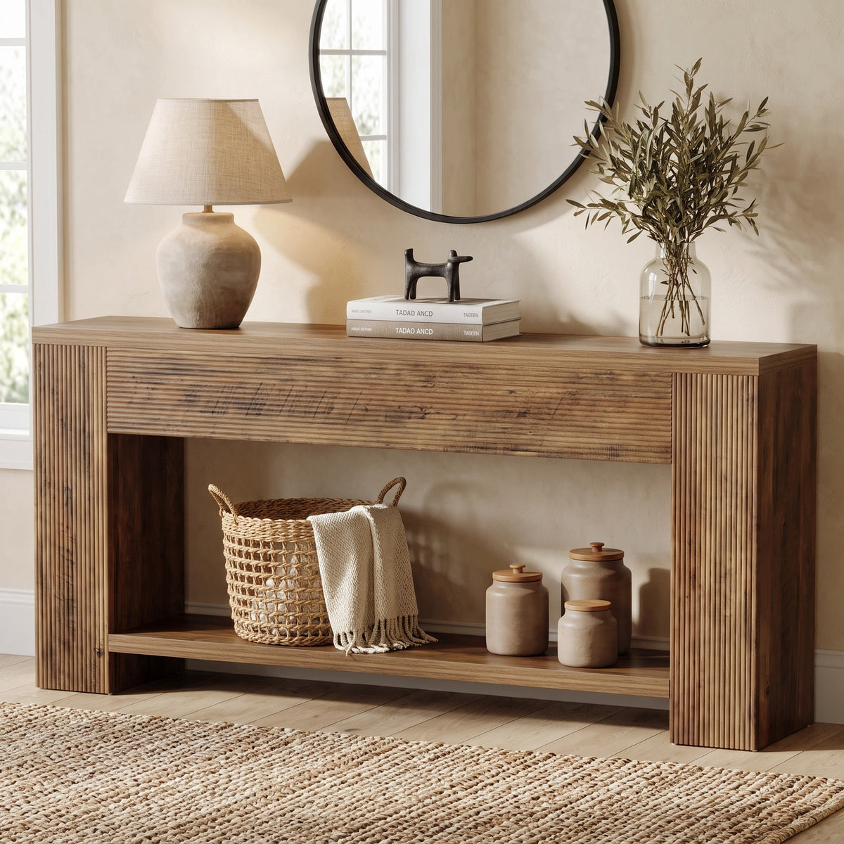 Fnova 70.87-Inch 2-Tier Console Table, Wood Farmhouse Sofa Table for Entryway Hallway Living Room Foyer Decor,WM010974_BN_US