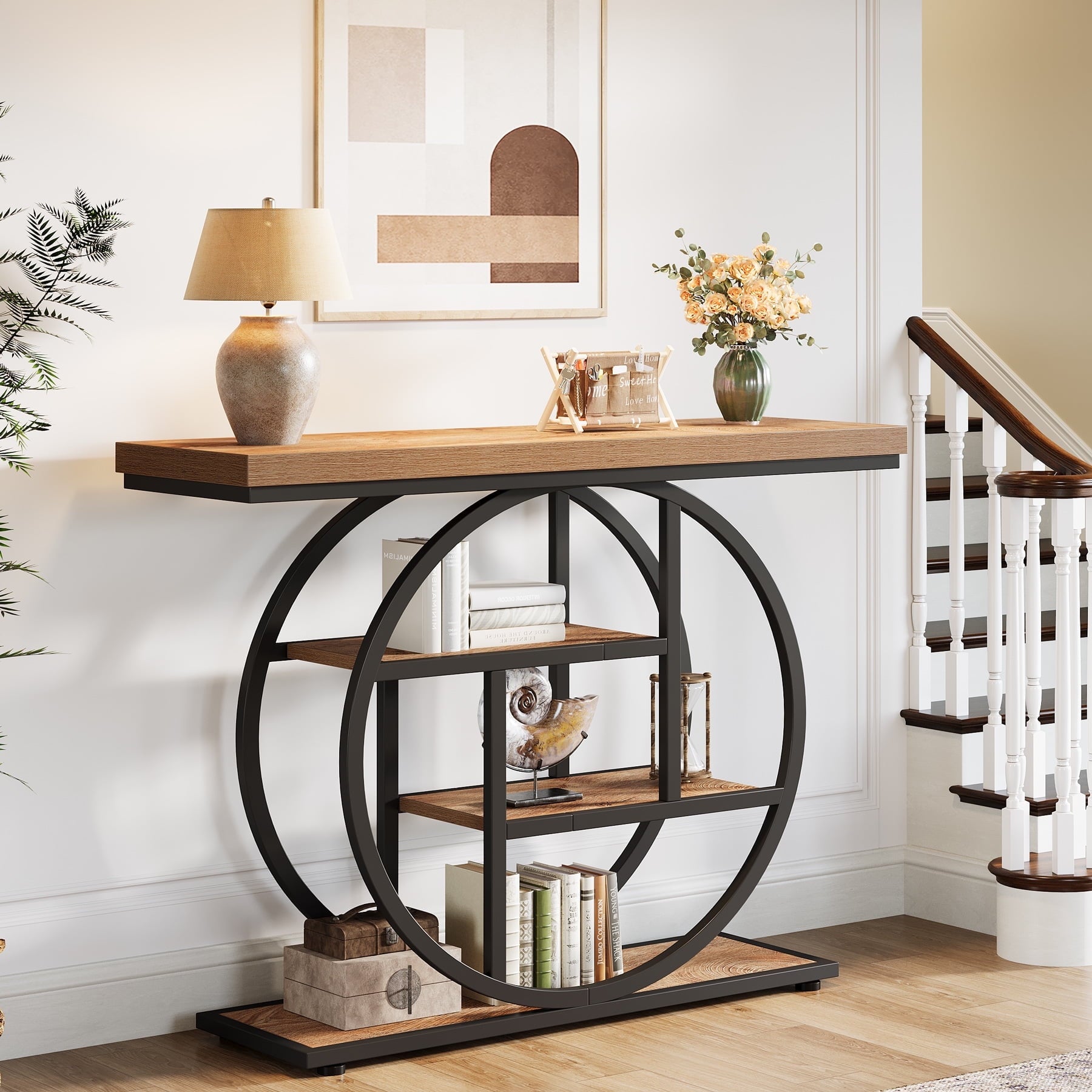 Fnova Console Table, Entryway Table with 4-Tier Storage Shelves, 42" Wood Modern Narrow Long Side Table, , Sofa Table, Accent Table for Living Room, Entryway, Hallway, Light Brown and Black,Light Brown and Black
