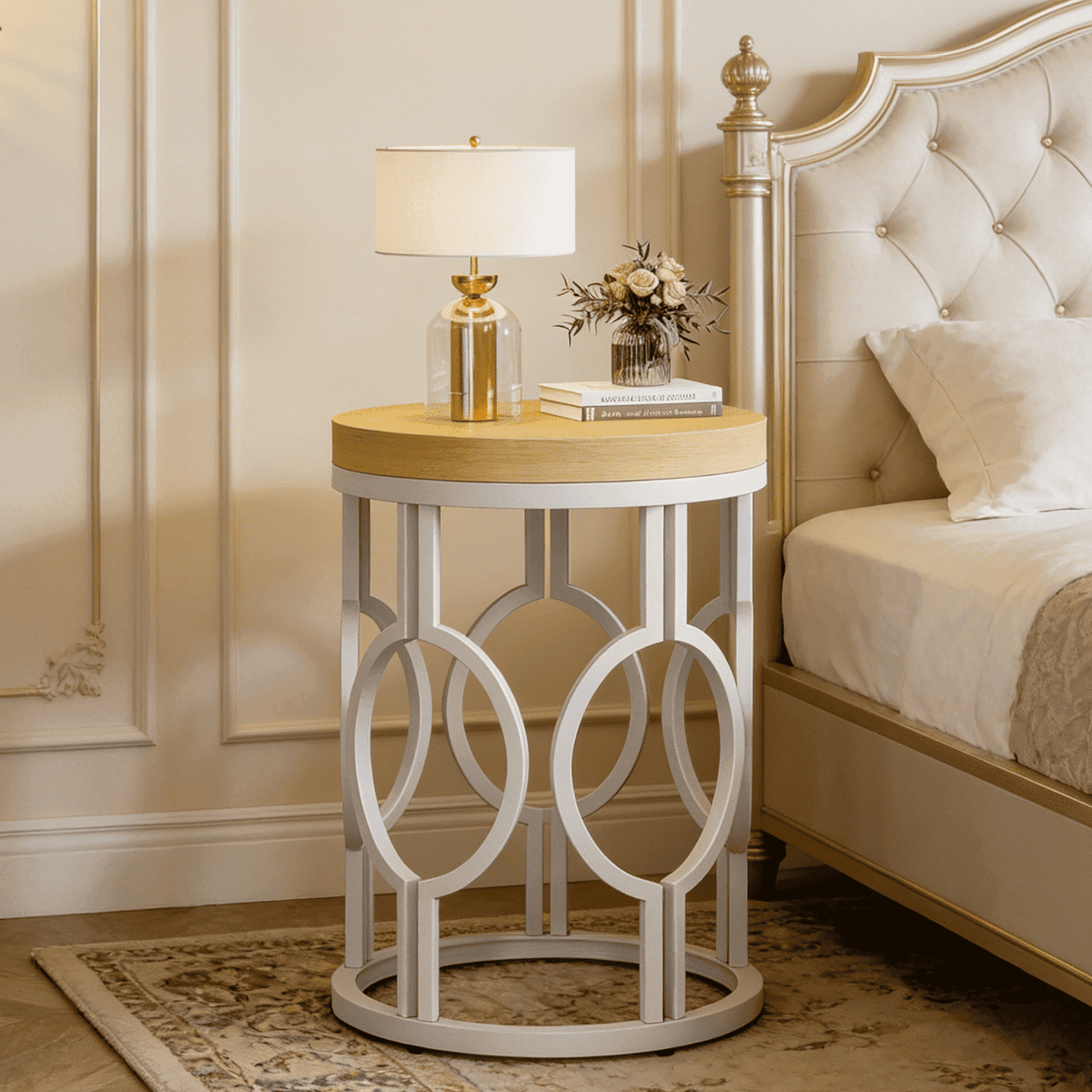 Fnova Round End Table, Industrial Small Side Table with Metal Hollow Frame for Living Room, Bedroom, Easy Assembly Nightstand,WM010114_LBNW_US