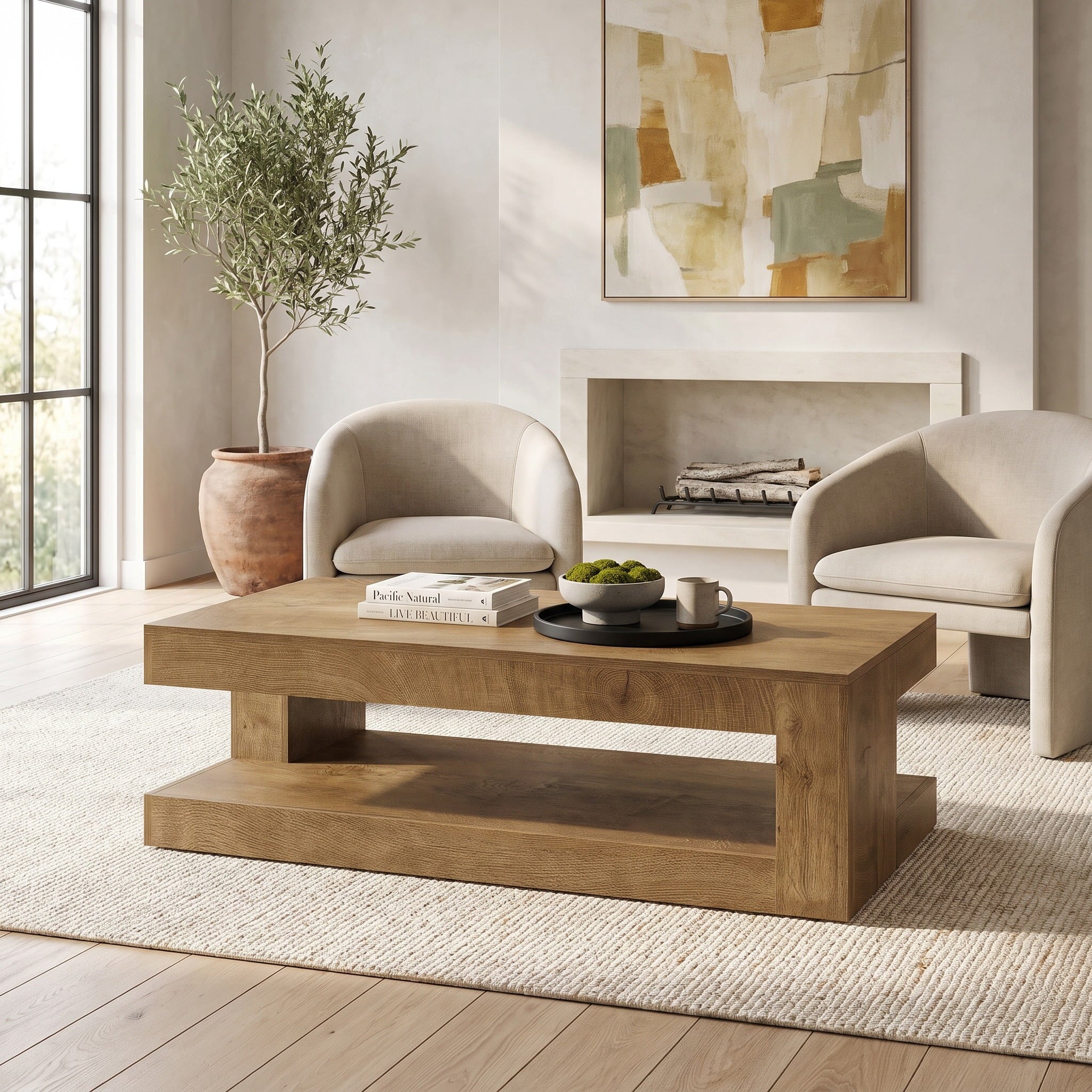 Fnova 47" Farmhouse Coffee Tabl, 2-Tier Rectangular Accent Center Tea Cocktail Table with Storage for Living Room,Light Brown