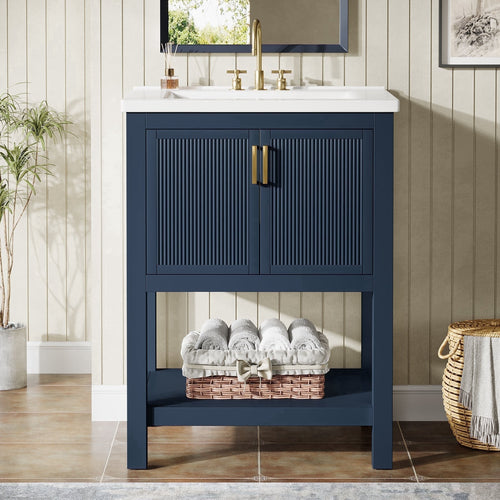 Fnova 24" Bathroom Vanity with Sink, Modern Bathroom Sink Cabinet with Ceramic Basin for Small Space, Freestanding Storage Cabinet with 2 Doors & 1 Open Shelf, Navy Blue,Navy Blue