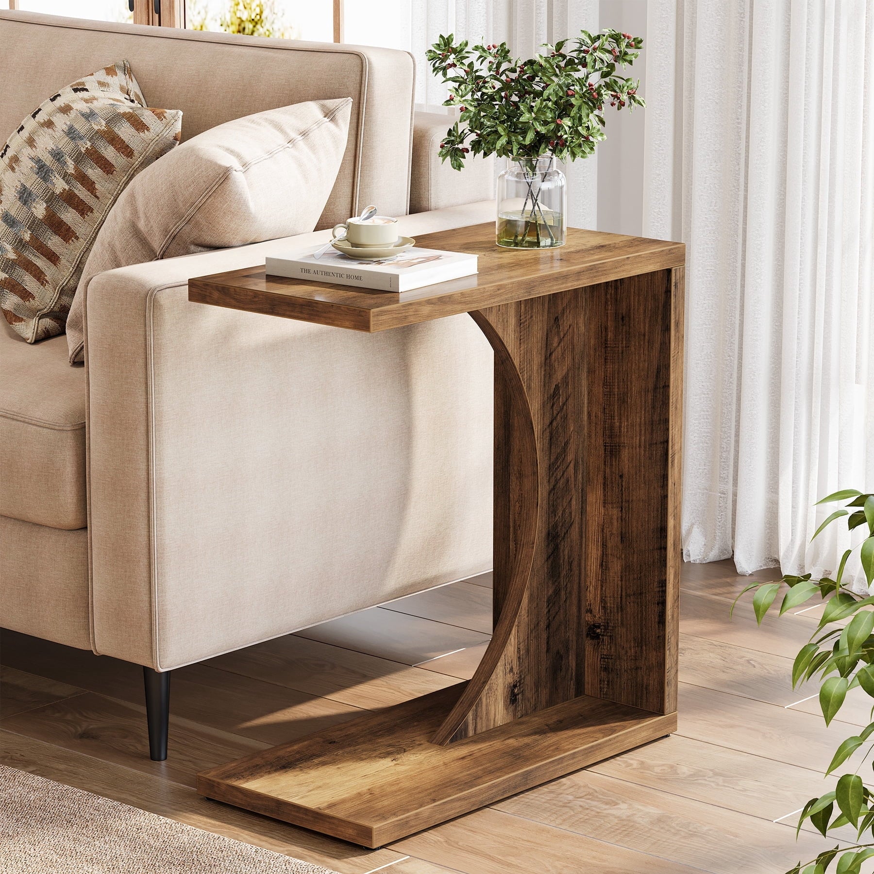 Fnova End Table Farmhouse C-shaped Side Table, Narrow Wooden Sofa Table with Space-Saving Design, Modern Bedside Table, Easy Assembly, Corner Table for Living Room, Bedroom, Nightstand, Dark Brown,Dark Brown