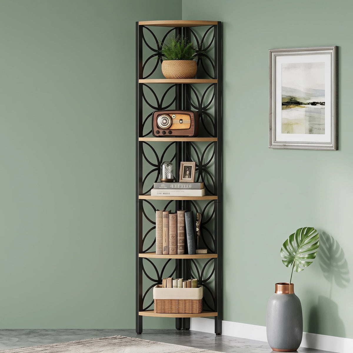 Fnova 70.9-Inch 6-Tier Corner Storage Shelf Unit, Tall Space-Saving Display Rack for Living Room Bedroom Home Office,WM010558_LBNB_US