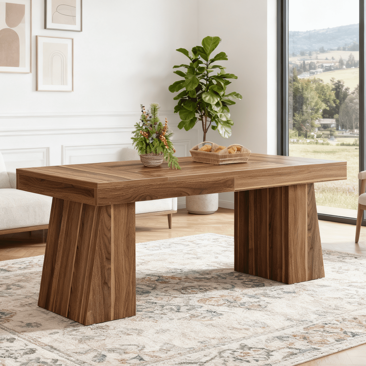 Fnova 55-Inch Modern Dining Table, Mid-Century Wood Rectangular Writing Desk, Computer desk with Double Trapezoid Base, Seats 4-6 - Perfect for Home Office, Dining Room, Kitchen & Living Room,WM010265_DBN_Tables
