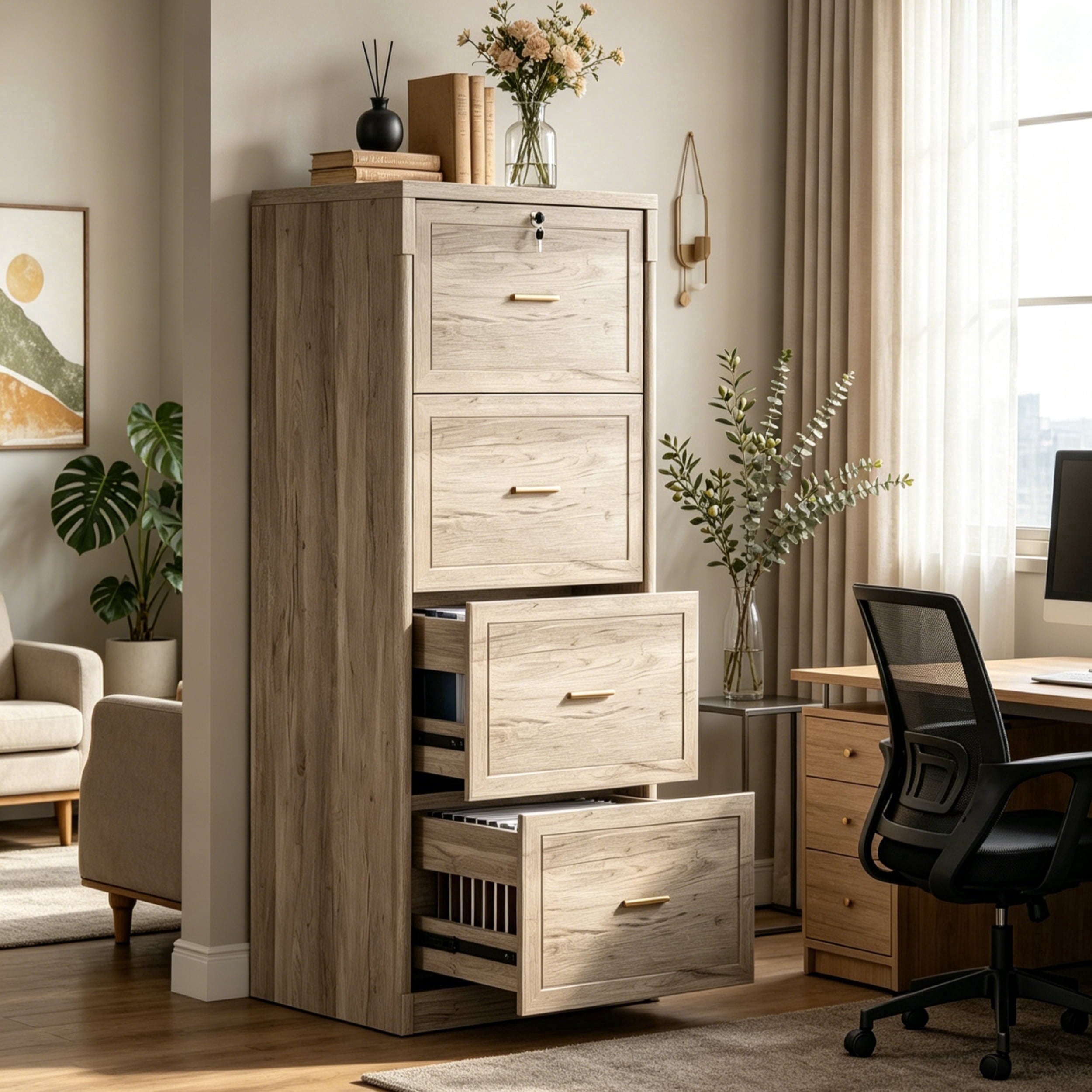 Fnova 4-Drawer File Cabinet, Tall Filing Cabinet with Lock and Key, Heavy Duty Wooden Vertical Office Storage Organizer for Legal Size/Letter/A4/Files, Home Office, Gray,WM011403_G_File