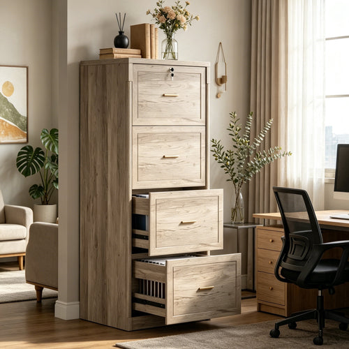 Fnova 4-Drawer File Cabinet, Tall Filing Cabinet with Lock and Key, Heavy Duty Wooden Vertical Office Storage Organizer for Legal Size/Letter/A4/Files, Home Office, Gray,WM011403_G_File