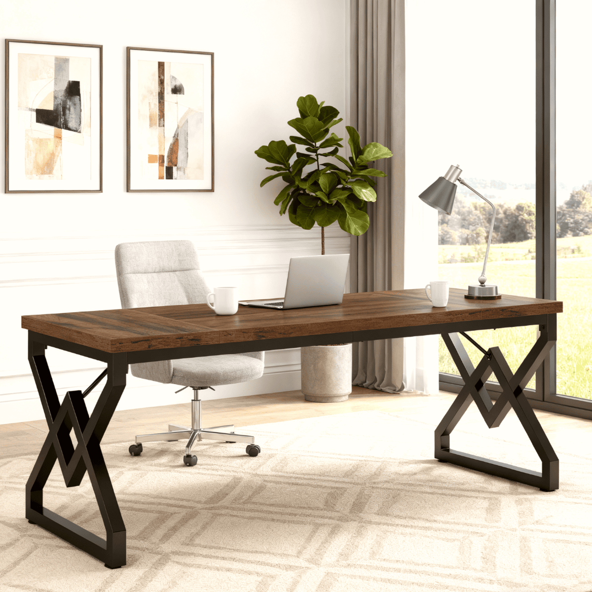 Fnova 63-Inch Modern Desk, Long Rectangle Writing Computer Desk, Dining table for 4-6, Kitchen Table with Metal Frame, for Dining & Home Office, Easy Assembly,WM010288_BNB_Tables