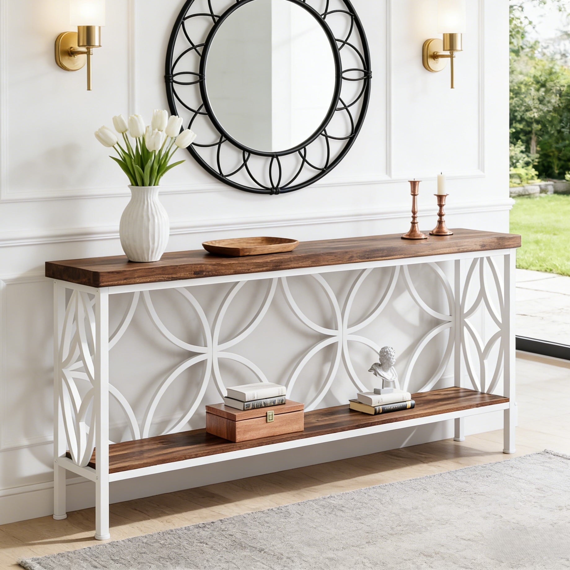 Fnova 70.9" Industrial Console Table, 2-Tier Wood Storage Narrow Sofa Table, Behind Couch with Metal Frame, for Living Room, Entryway, Foyer, Easy Assembly,White