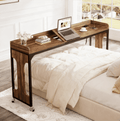 Fnova Overbed Table with Charging Station, 71" Queen-Sized Table with 4 Wheels, Adjustable Tilt Board, Mobile Laptop Cart with Built-in Outlets & USB Ports, Brown,0