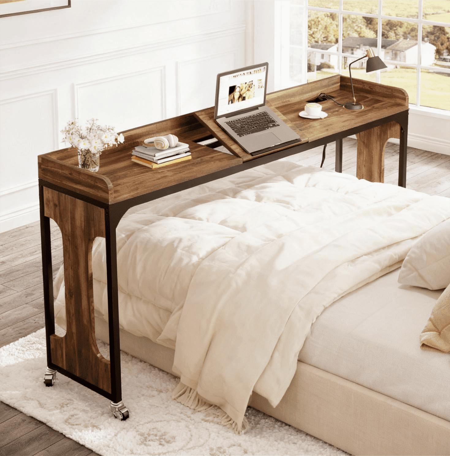 Fnova Overbed Table with Charging Station, 71" Queen-Sized Table with 4 Wheels, Adjustable Tilt Board, Mobile Laptop Cart with Built-in Outlets & USB Ports, Brown,0