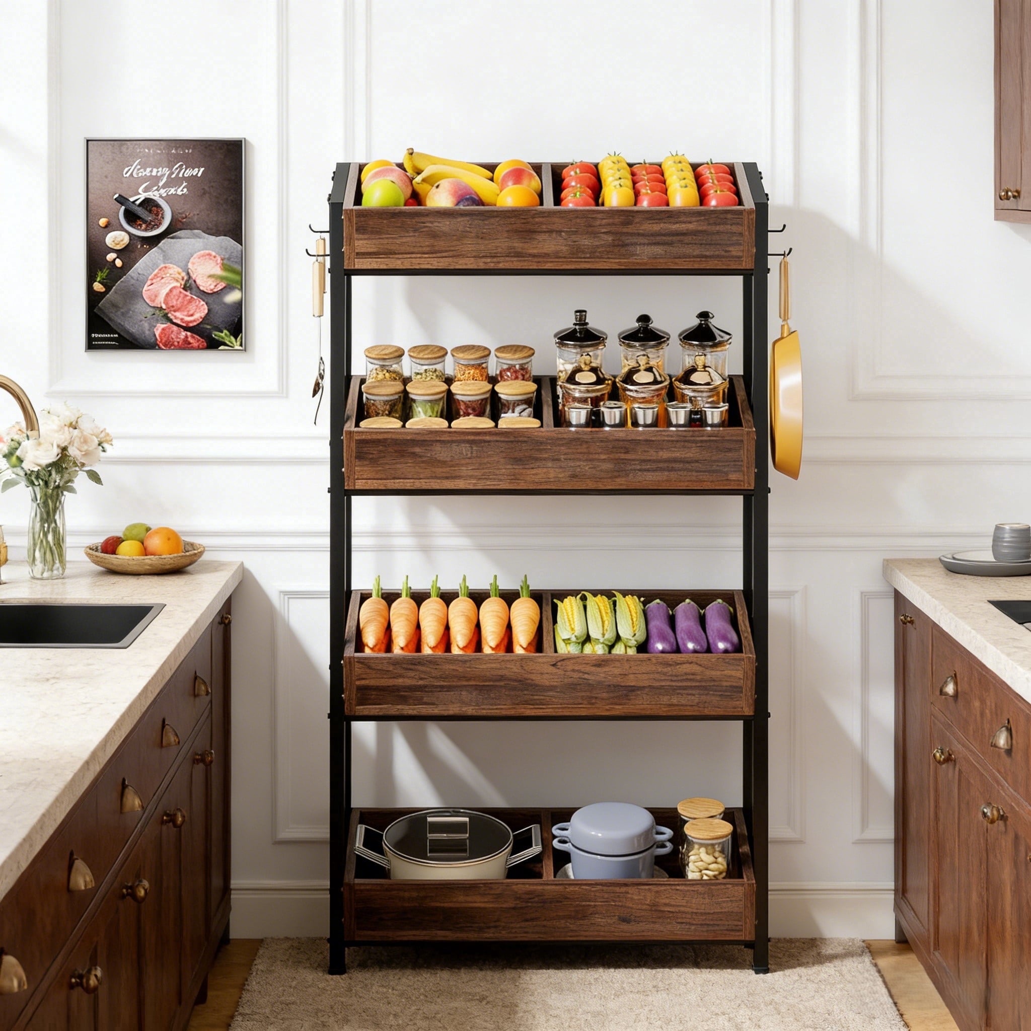 Fnova 55.1" 4-Tier Storage Shelf, Wooden Kitchen Rack, Fruit & Vegetable Organizer Shelf for Snacks, Kitchen Storage Shelving Unit,Brown