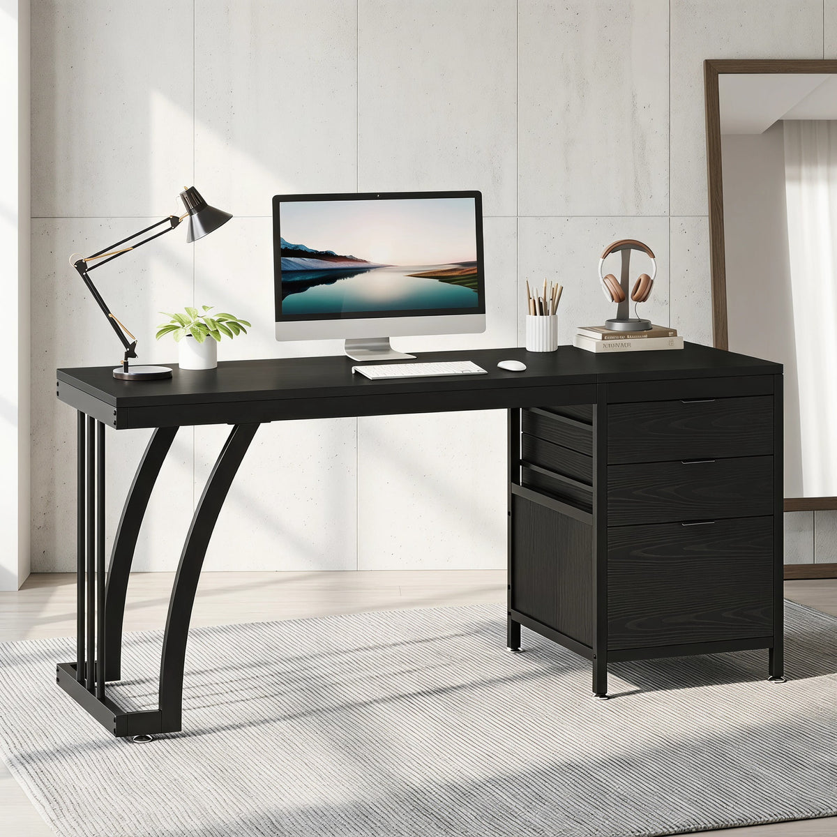 Fnova 59-Inch Computer Desk, Home Office Writing Table with 3 Reversible Drawers, Industrial File Storage Desk, Sturdy Metal Frame with Adjustable Feet, for Home Office & Study,WM010442_B_US