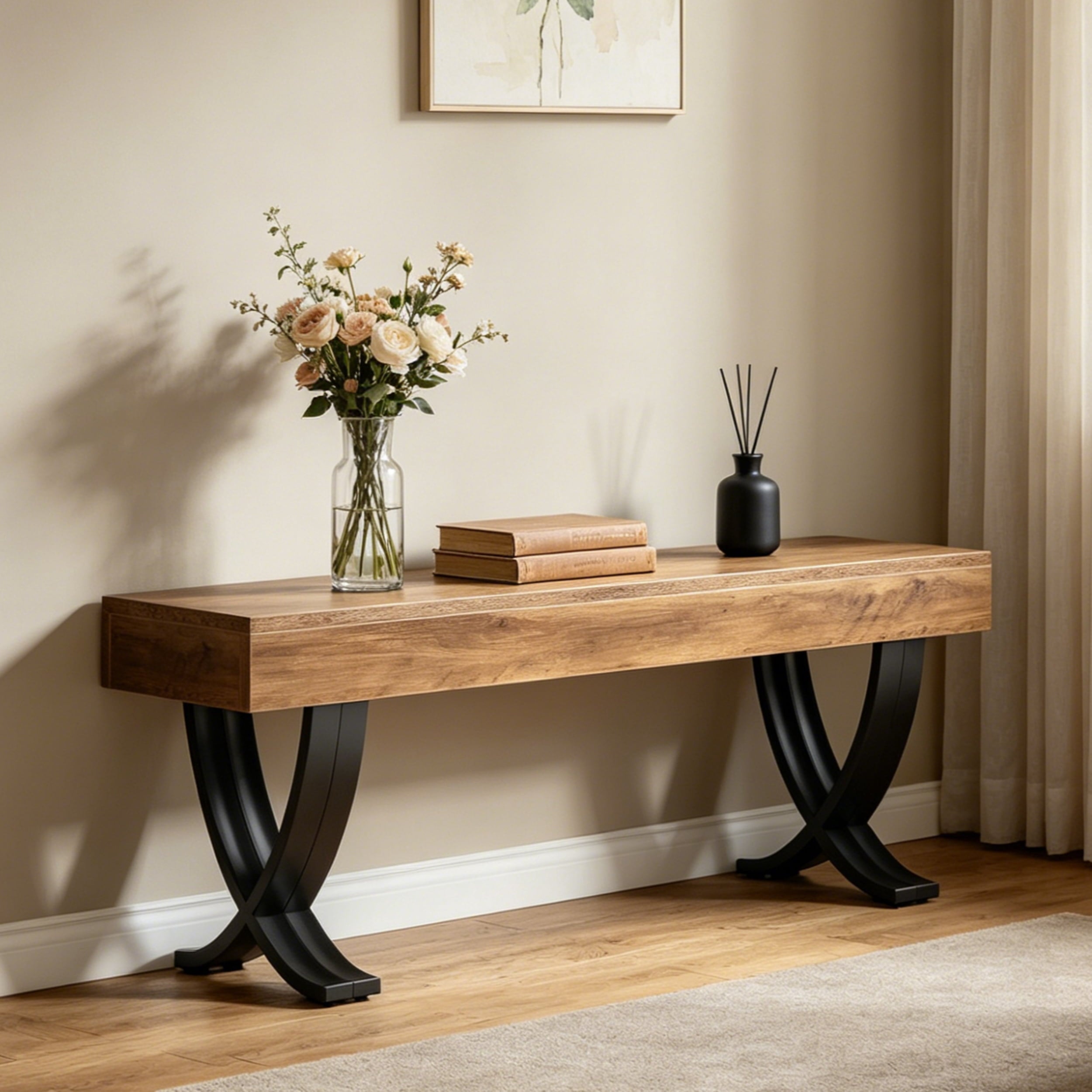 Fnova 55" Entryway Bench, Farmhouse Long Shoe Bench, Backless Wooden Seat for 2-3, End of Bed Stool with Metal X-Shaped Legs, Kitchen Table Seat Dining Seat for Entryway, Hallway, Living Room,Brown
