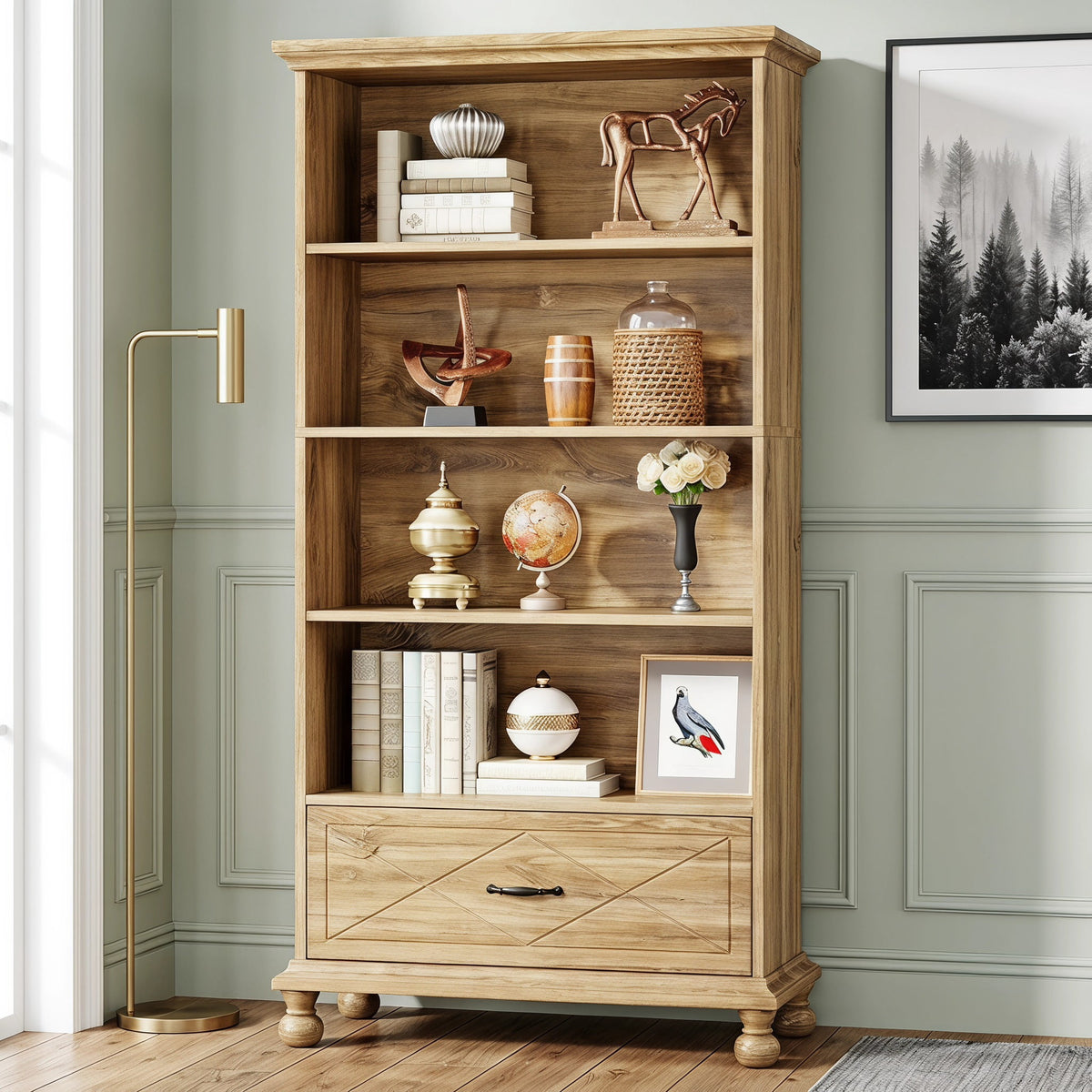 Fnova 6-Tier Tall Storage Shelf Unit, with Drawer Farmhouse Bookcase Display for Living Room Bedroom Home Office Study,WM010550_BN_US