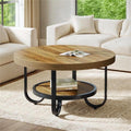 Fnova Coffee Table with 2-Tier Storage, 31" Round Wood Coffee Table with Metal Legs, Modern Rustic Style Center Table for Living Room,Brown