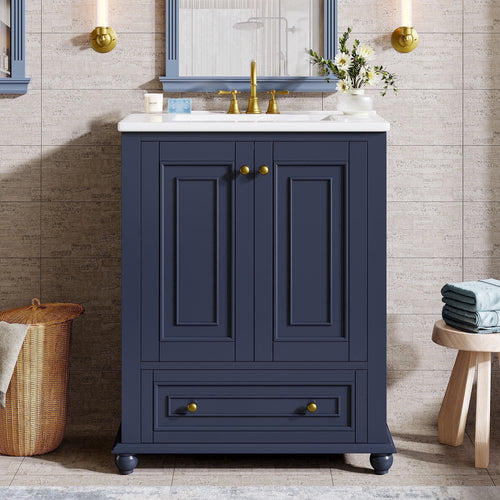 Fnova 24" Bathroom Vanity with Ceramic Sink Combo Freestanding Bathroom Storage Cabinet with 2 Doors 1 Drawer Solid Wood Frame Soft Close Hinges Waterproof Coated Surface for Small Bathroom,24" Blue