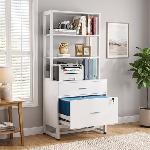 Fnova 2-Drawer Vertical File Cabinet with 3-Tier Open Shelves, 61-Inch Tall Locking Filing Cabinet Printer Stand for Home Office,WM010823_W_US