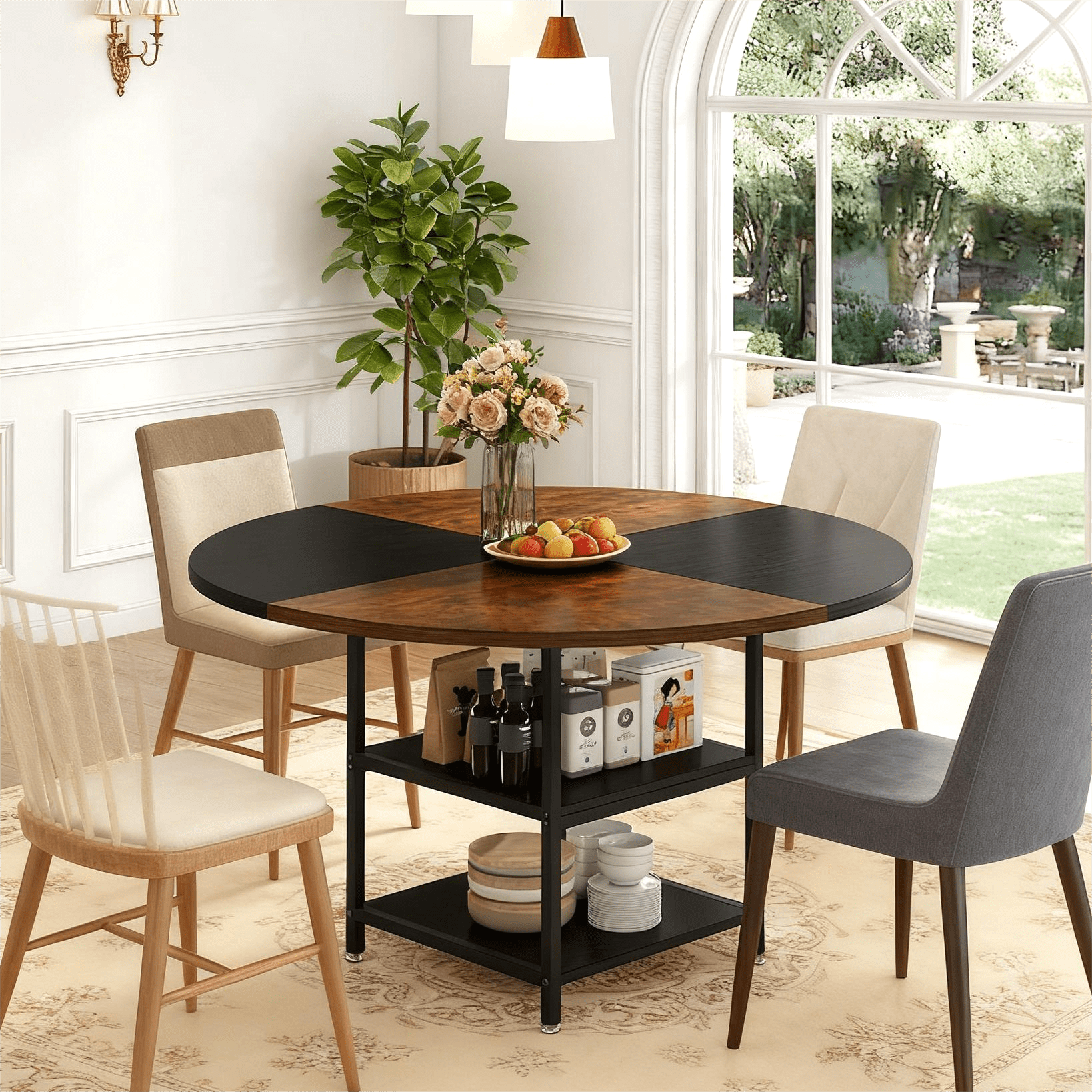 Fnova 47.24" Modern Round Dining Table with Storage, Kitchen Table with Wood Tabletop, Metal Frame, Brown,Brown