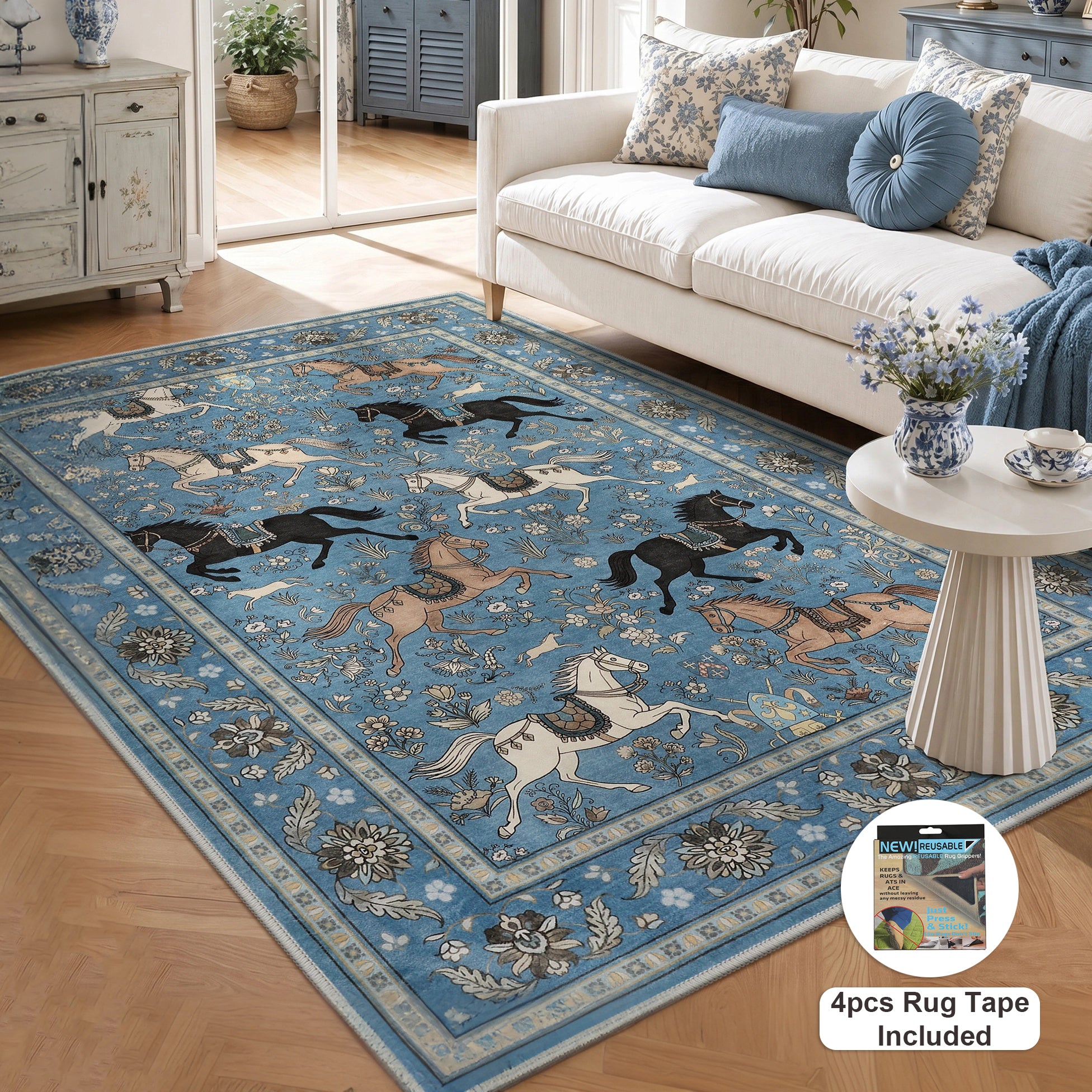 Fnova Boho Horse Print 5x7 Black Area Rugs for Living Room, Vintage Animal Washable Rug for Bedroom, Soft Non-Slip Low Pile Indoor Dining Room Carpet for Office Playroom, Oeko-Tex Certified