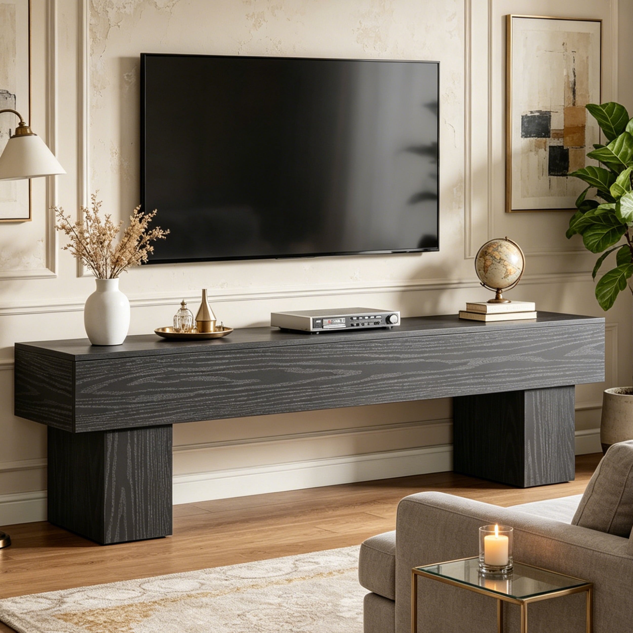 Fnova 63" TV Stand, Farmhouse Wood Entryway Bench, Dining Bench, Multi-Functional Console Table for Living Room, Hallway, Bedroom